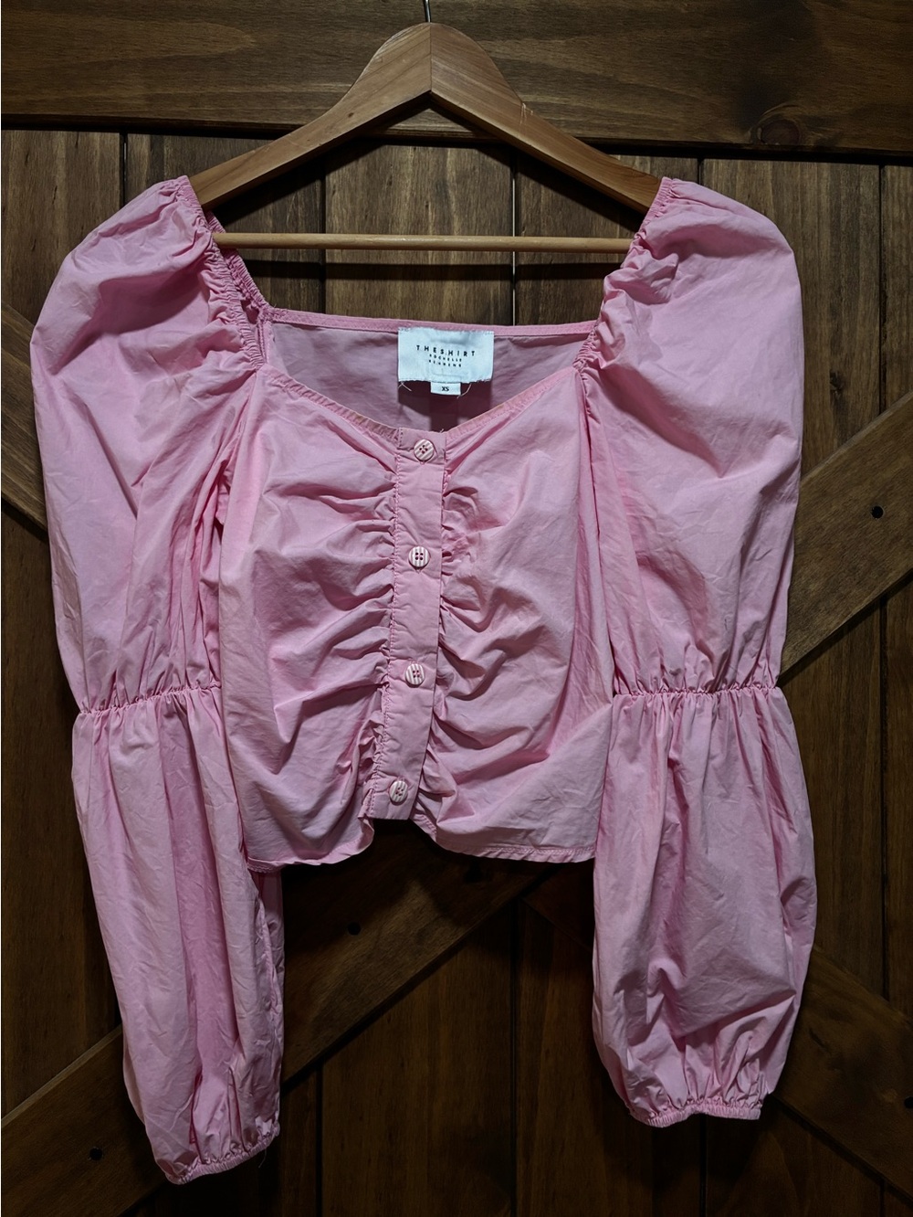 The Shirt by Rochelle Behrens Pink Puff Sleeve Ruched Front Crop Top